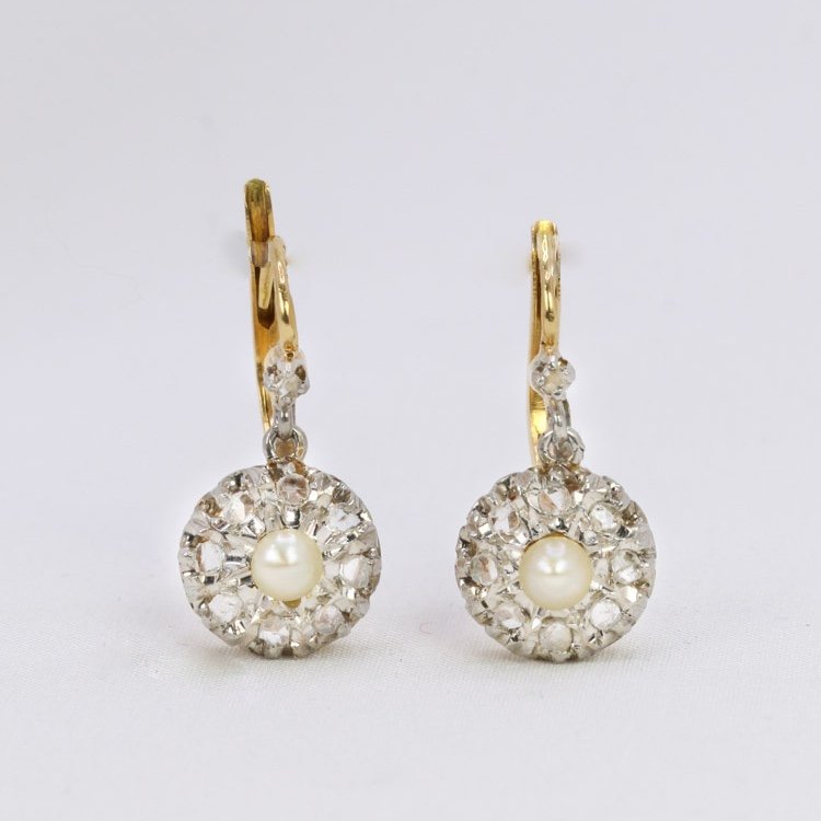 Antique Pearl And Rose Cut Diamond Sleeper Earrings