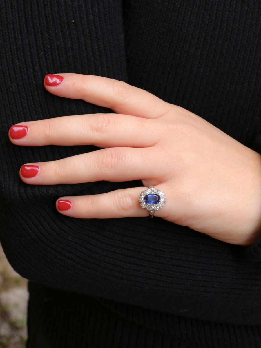 Bague Marguerite Ancienne Or Rose Saphir Coussin Diamants-photo-4