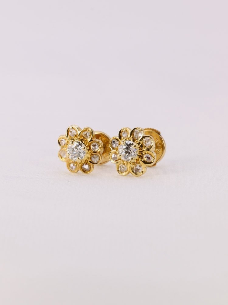 Yellow Gold Diamond Flower Earrings-photo-3