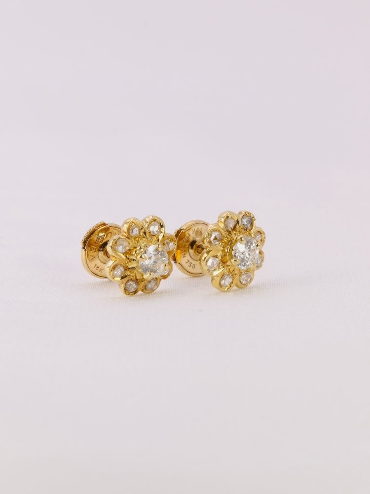 Yellow Gold Diamond Flower Earrings-photo-3