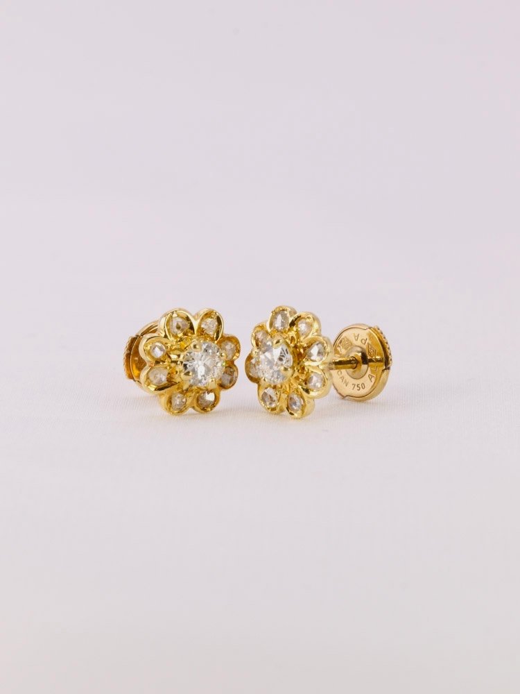 Yellow Gold Diamond Flower Earrings-photo-4