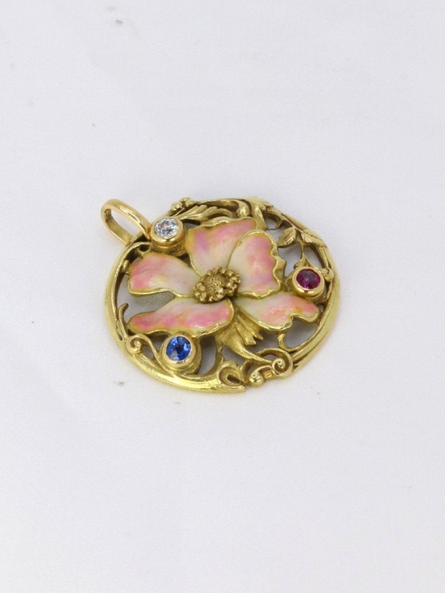 Art Nouveau Flower Pendant Enamel Diamond Sapphire Ruby-photo-3