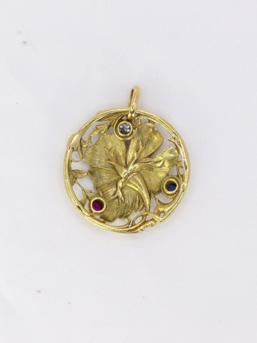 Art Nouveau Flower Pendant Enamel Diamond Sapphire Ruby-photo-4