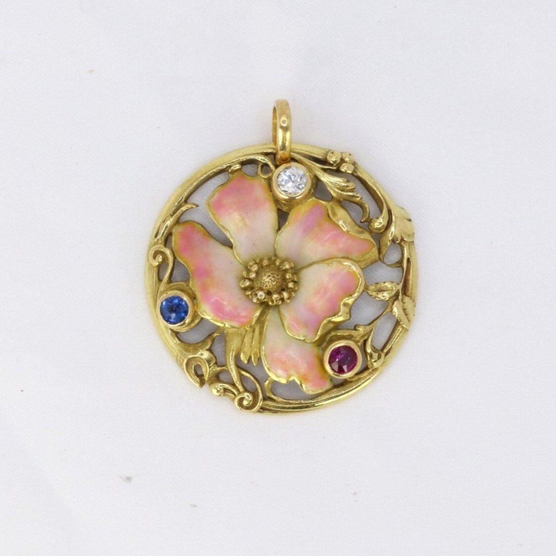 Art Nouveau Flower Pendant Enamel Diamond Sapphire Ruby