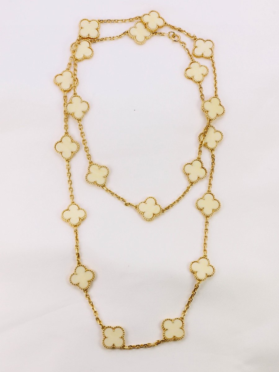 Alhambra Necklace 70s Van Cleef & Arpels Yellow Gold Ivory Clovers-photo-3