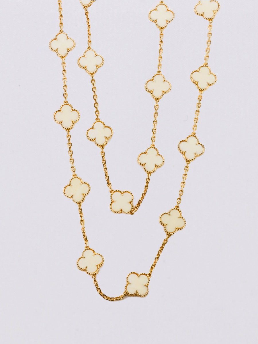 Alhambra Necklace 70s Van Cleef & Arpels Yellow Gold Ivory Clovers-photo-4