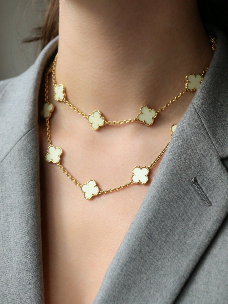 Alhambra Necklace 70s Van Cleef & Arpels Yellow Gold Ivory Clovers-photo-5