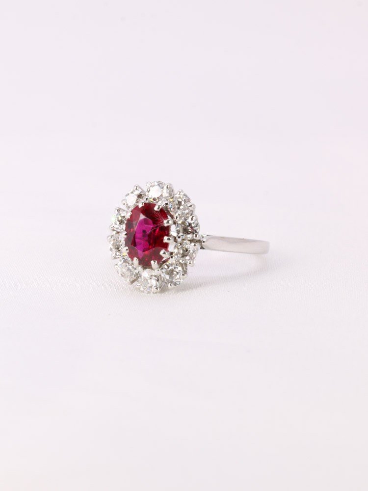 Bague Marguerite Or Blanc Rubis Ovale Diamants-photo-3