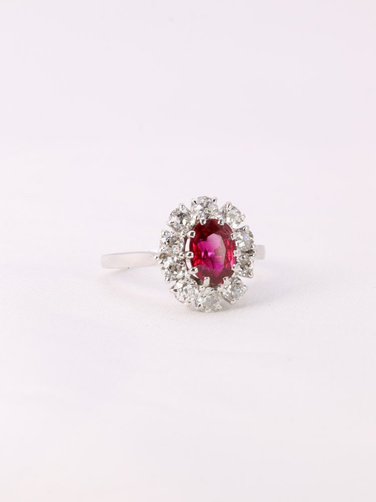 Bague Marguerite Or Blanc Rubis Ovale Diamants-photo-4