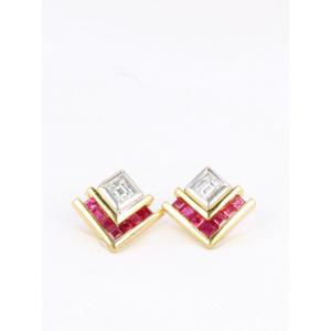 Boucles D’oreilles Vintage Diamants Taille émeraude Et Rubis Calibrés