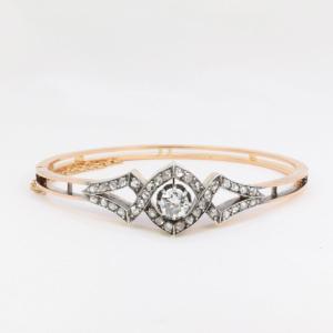 Antique Bangle Bracelet Late 19th Century In Rose Gold, Silver And Old Cut Diamonds