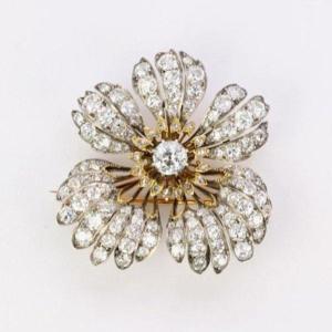 Antique Flower Brooch Gold Silver Antique Cut Diamonds