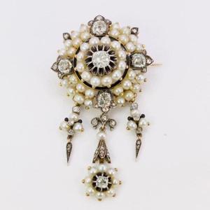 Antique Brooch Garland Gold Silver Fine Pearls Old Cut Diamonds