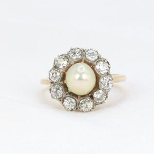 Marguerite Ring Yellow Gold Silver Diamonds Fine Pearl