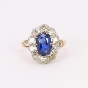 Antique Marguerite Ring Rose Gold Sapphire Cushion Diamonds