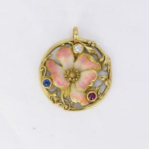 Pendentif Fleur Art-nouveau émail Diamant Saphir Rubis