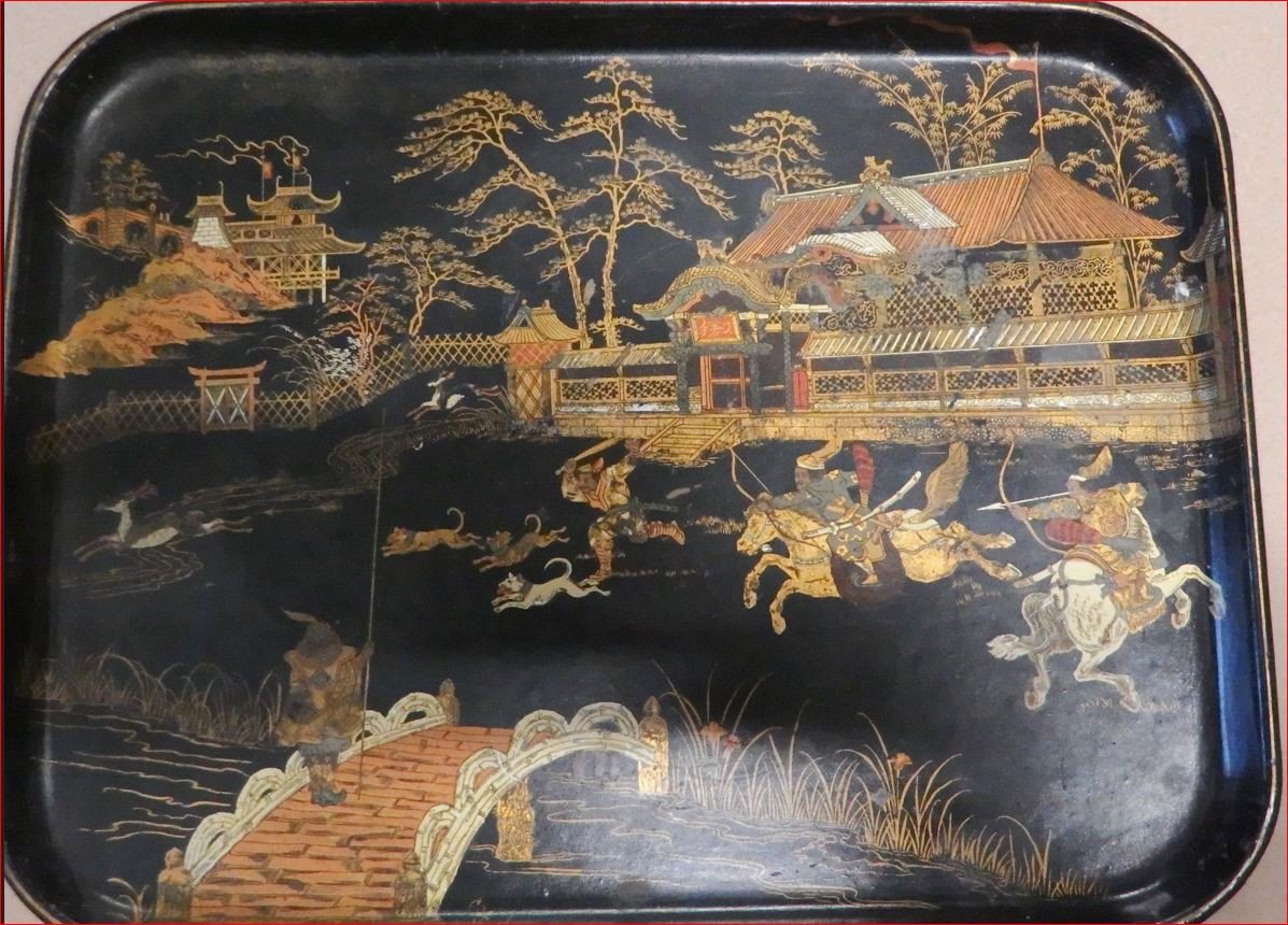 Boiled Cardboard Tray Depicting A Japanese Hunting Scene.-photo-2