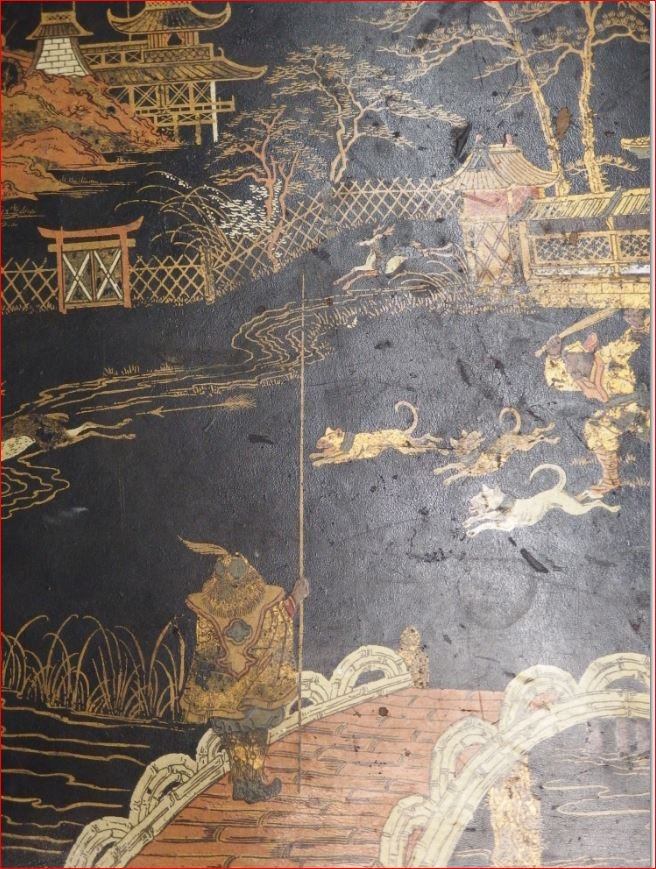 Boiled Cardboard Tray Depicting A Japanese Hunting Scene.-photo-1