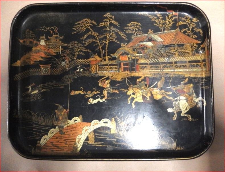 Boiled Cardboard Tray Depicting A Japanese Hunting Scene.