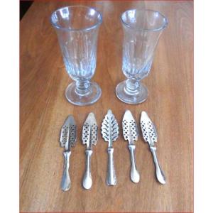 Two Large Glasses And Five Absinthe Spoons, Late 19th Century.