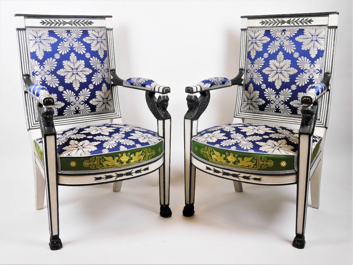 Pair Of Empire Armchairs In Lacquered Beechwood, Early 19th Century