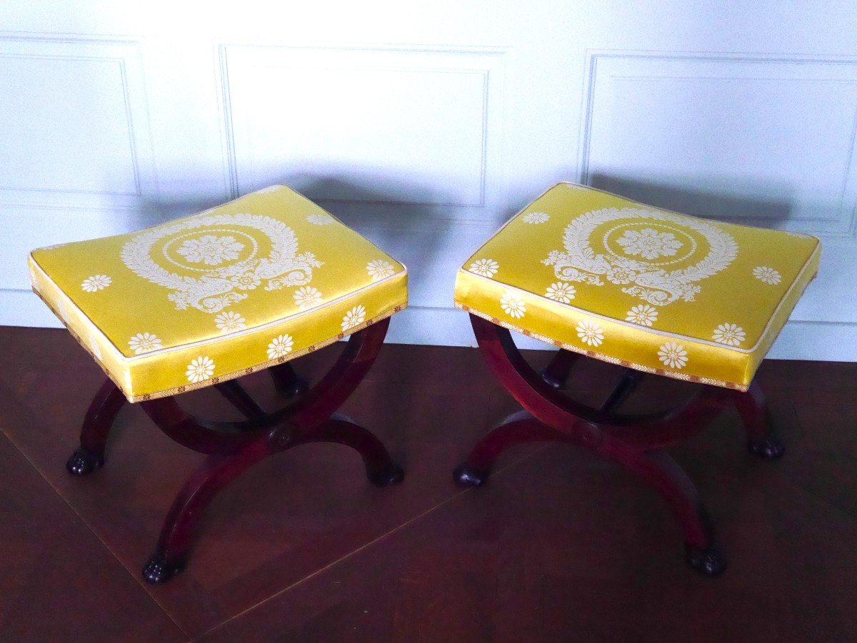 Pair Of Empire Mahogany Stools, Early 19th Century