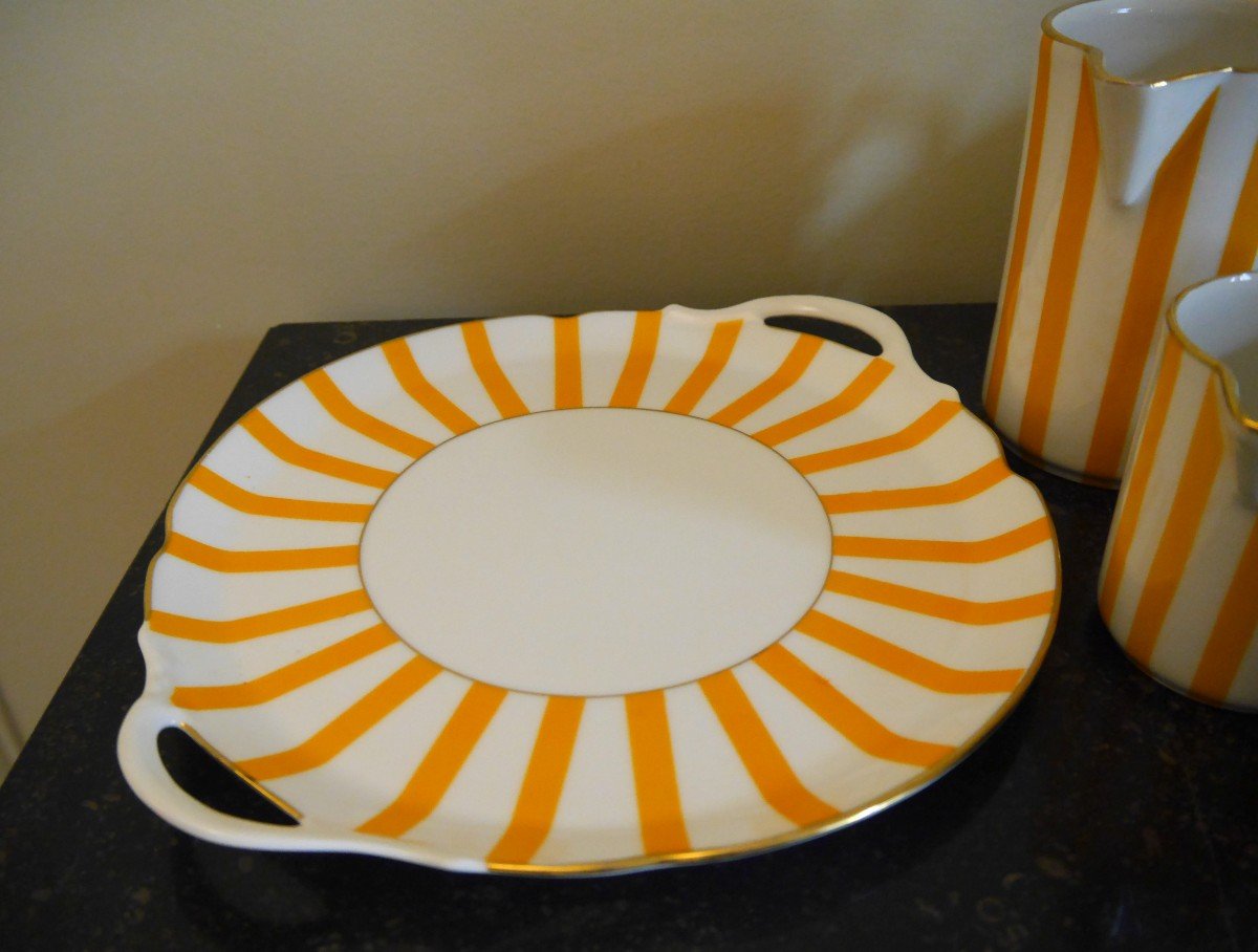 Tea And Coffee Service With White And Yellow Stripes In Limoges Porcelain, Art Deco, 20th Century-photo-3