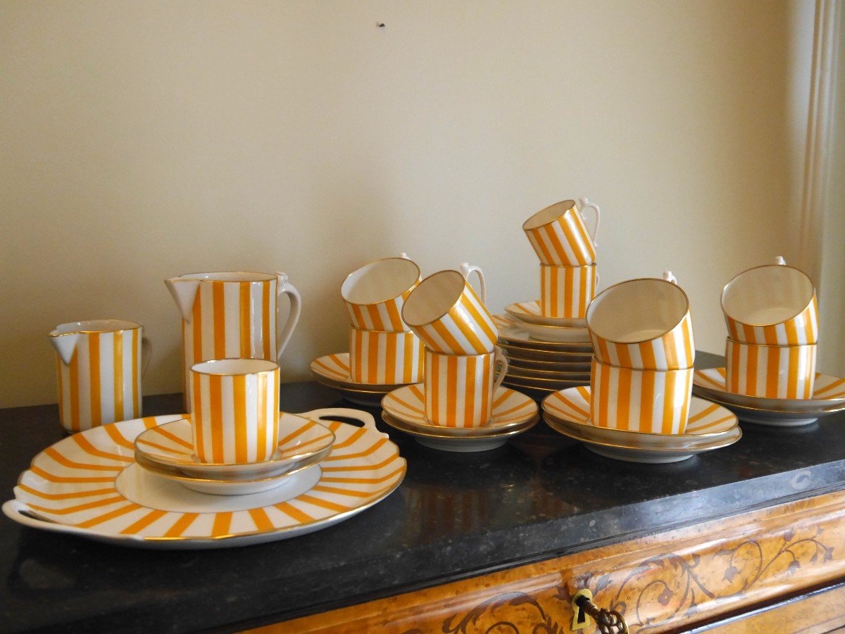 Tea And Coffee Service With White And Yellow Stripes In Limoges Porcelain, Art Deco, 20th Century