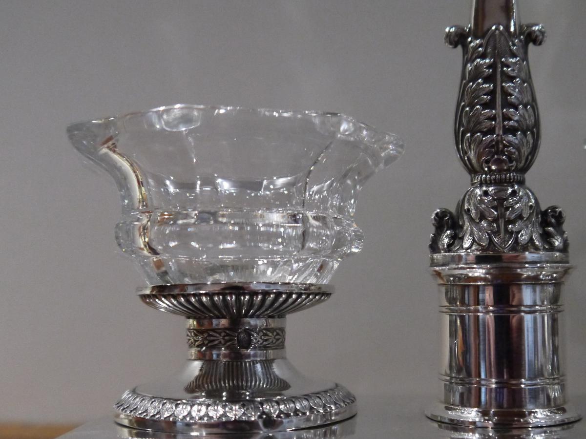 Pair Of Double Saltcellars In Silver, Restoration Period, 1819-1838-photo-1