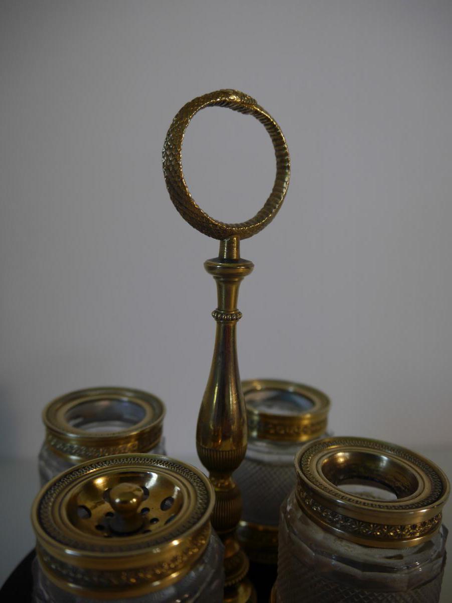 Inkwell In Gilt Bronze And Mahogany-photo-4