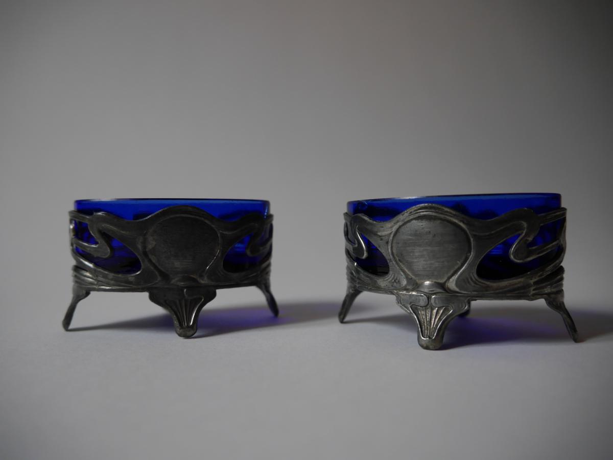 Pair Of Salt Cellars In Silver Plated Metal, Art Nouveau Period-photo-2