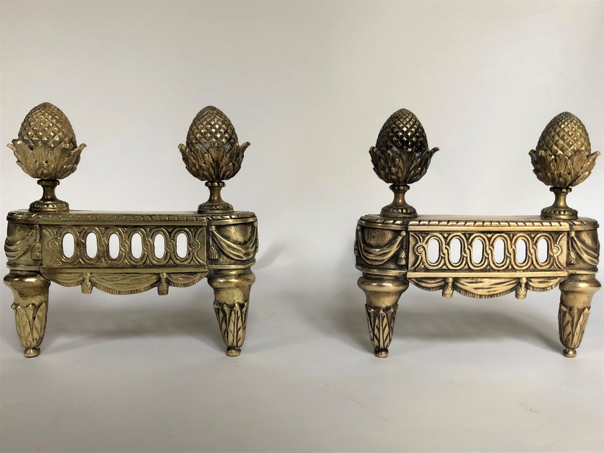 Pair Of Andirons In Gilt Bronze In The Louis XVI Style