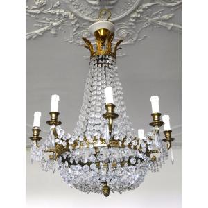 A Corbeille Chandelier In Crystal And Bronze, Empire Style, Late 19th Century 