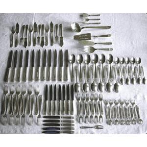 An Art Deco Silver Metal Cutlery Set By Paul-françois Guillaumot (100 Pieces)