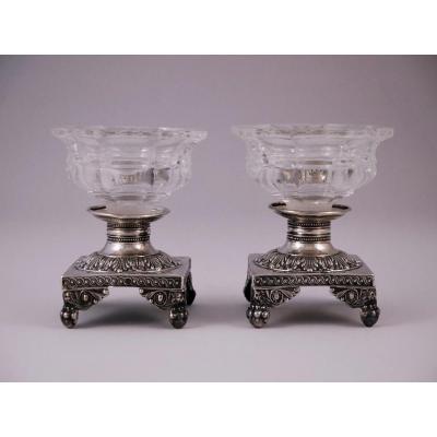 Pair Of Salt Cellars In Sterling Silver, Empire Style, 19th Century