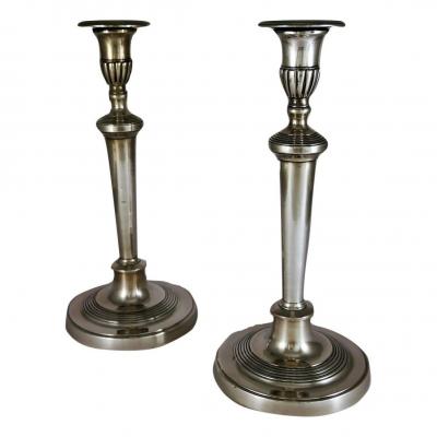 Pair Of Big Candlesticks In Silver Plated Bronze, Louis XVI, 18th Century