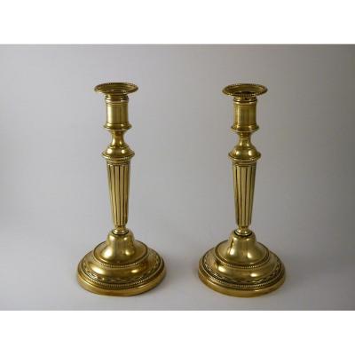 Pair Of Candlesticks In Gilded Brass, Louis XVI, 18th Century