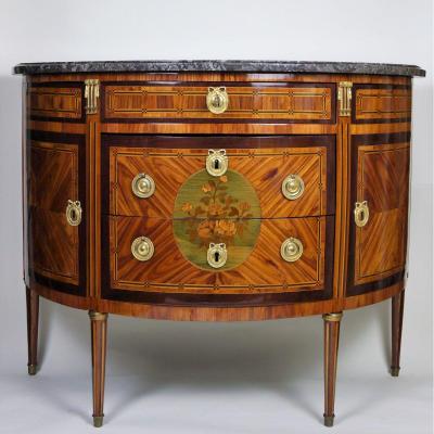 Commode Demi-lune d'époque Louis XVI Par Vassou, XVIIIe