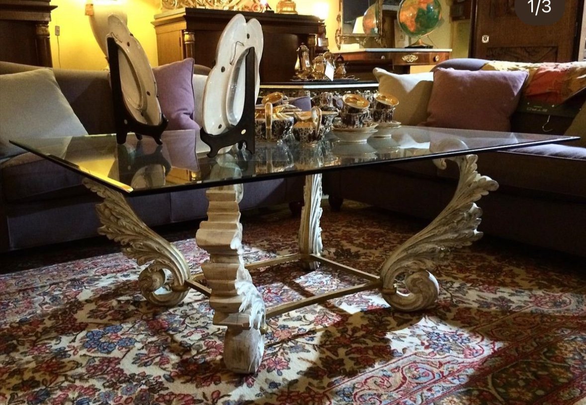 Smoking Table Made With 18th Century Wooden Friezes, Bound By A Gilded Iron Frame.