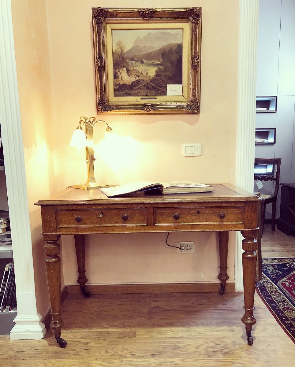 Desk Whit Two-drawer In Oak With Leather Top. France At The End Of The 19th Century-photo-2