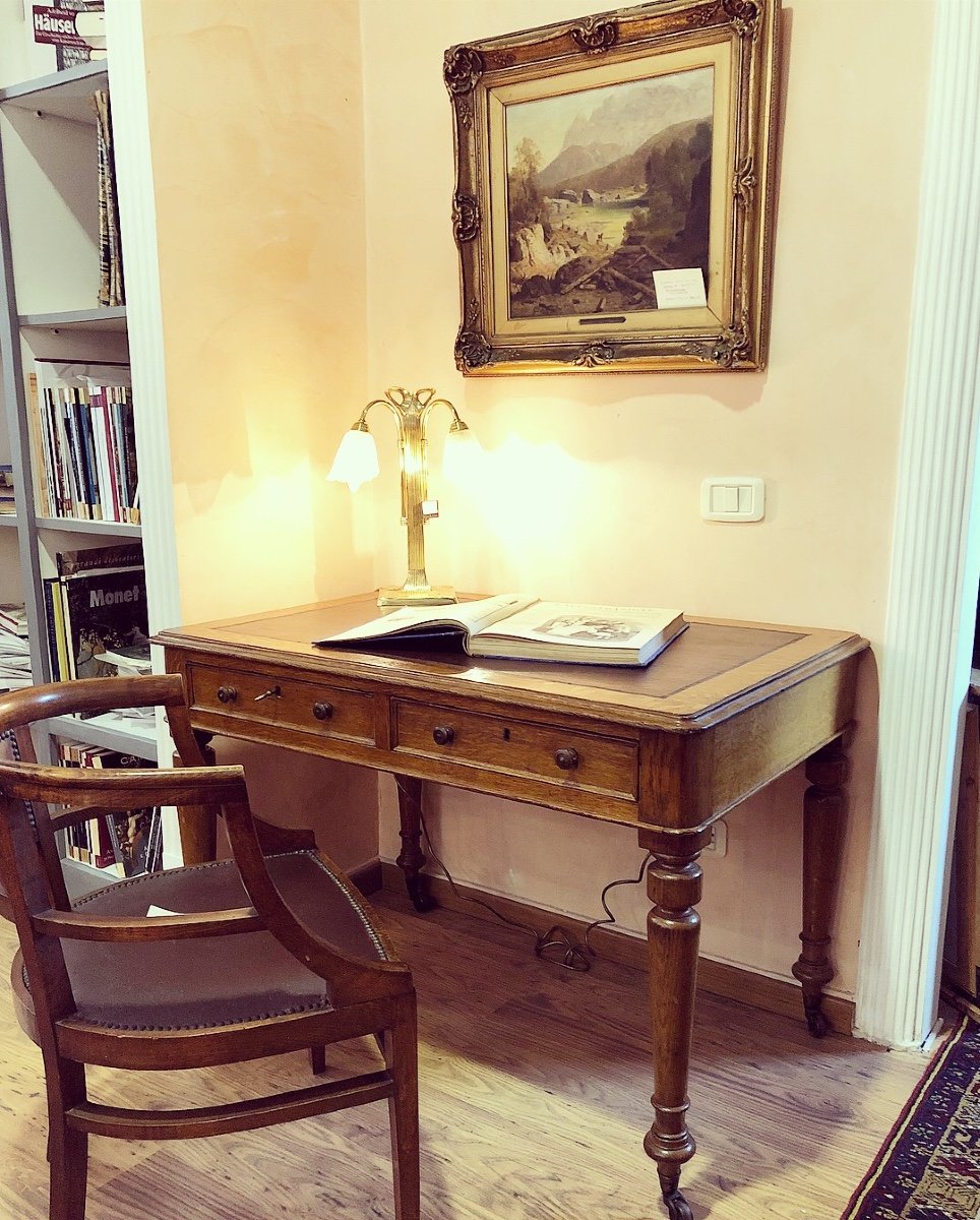 Desk Whit Two-drawer In Oak With Leather Top. France At The End Of The 19th Century