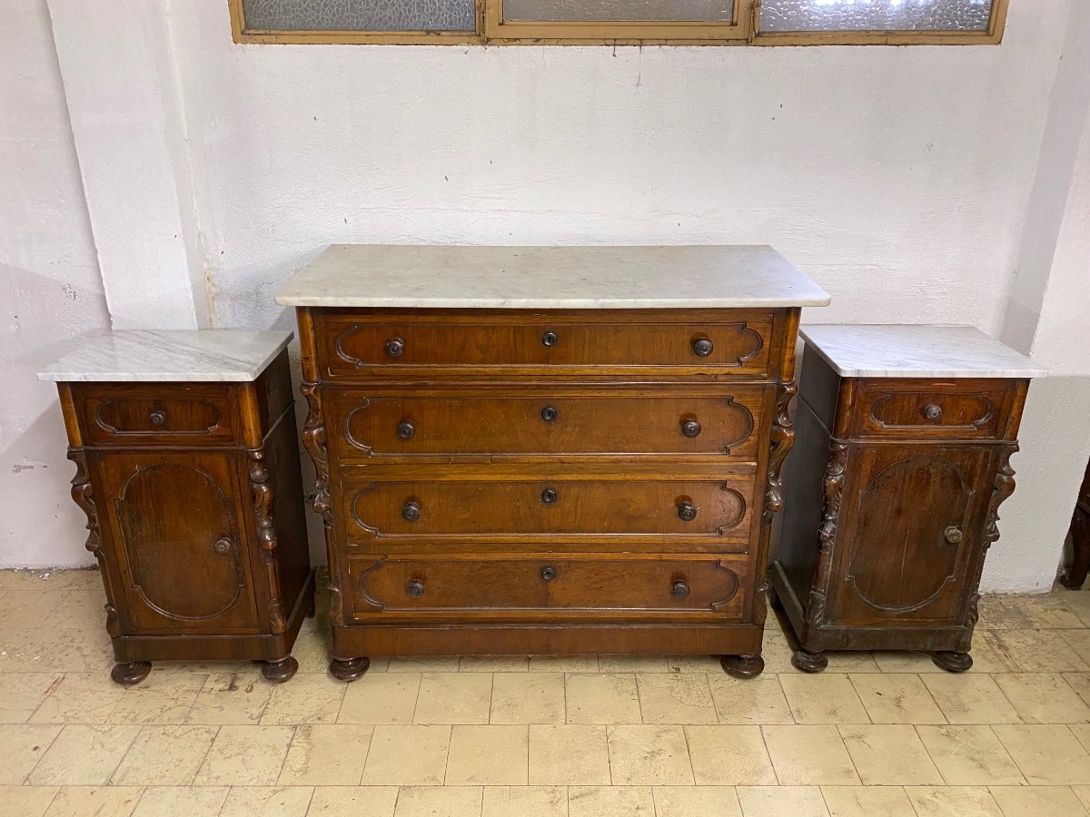 Commode Et Tables De Chevet En Noyer Avec Dessus En Marbre Fin 19ème Siècle-photo-2