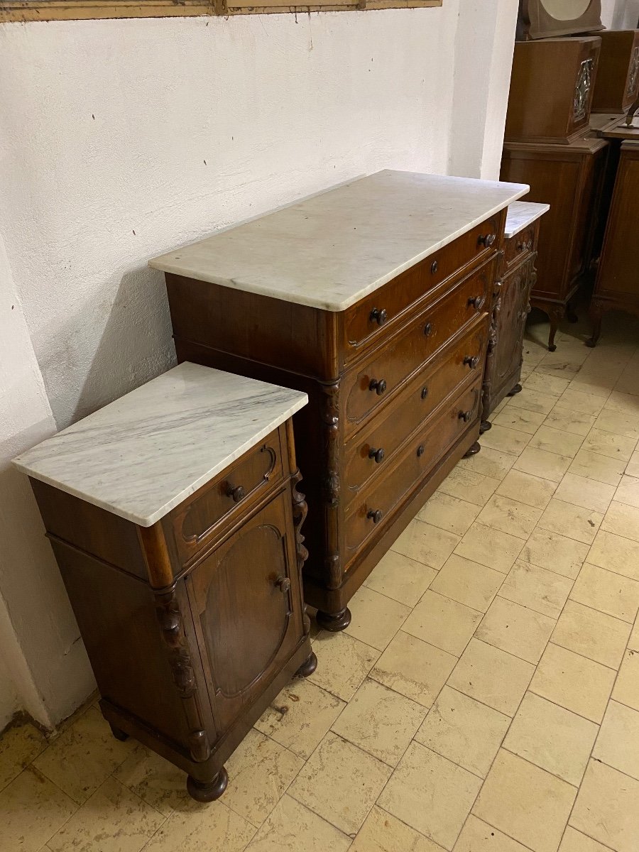 Commode Et Tables De Chevet En Noyer Avec Dessus En Marbre Fin 19ème Siècle-photo-3