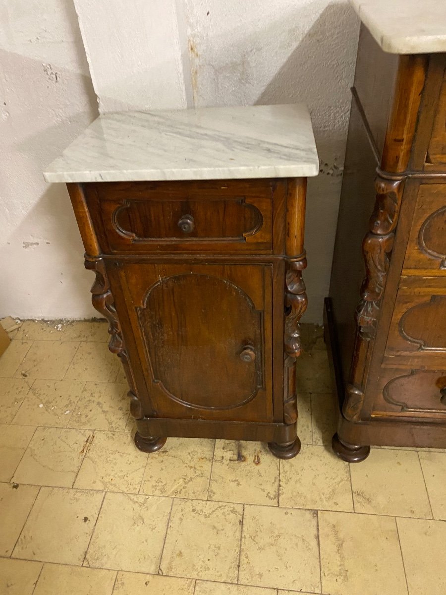 Commode Et Tables De Chevet En Noyer Avec Dessus En Marbre Fin 19ème Siècle-photo-3