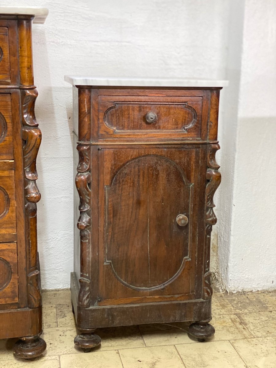 Commode Et Tables De Chevet En Noyer Avec Dessus En Marbre Fin 19ème Siècle-photo-6