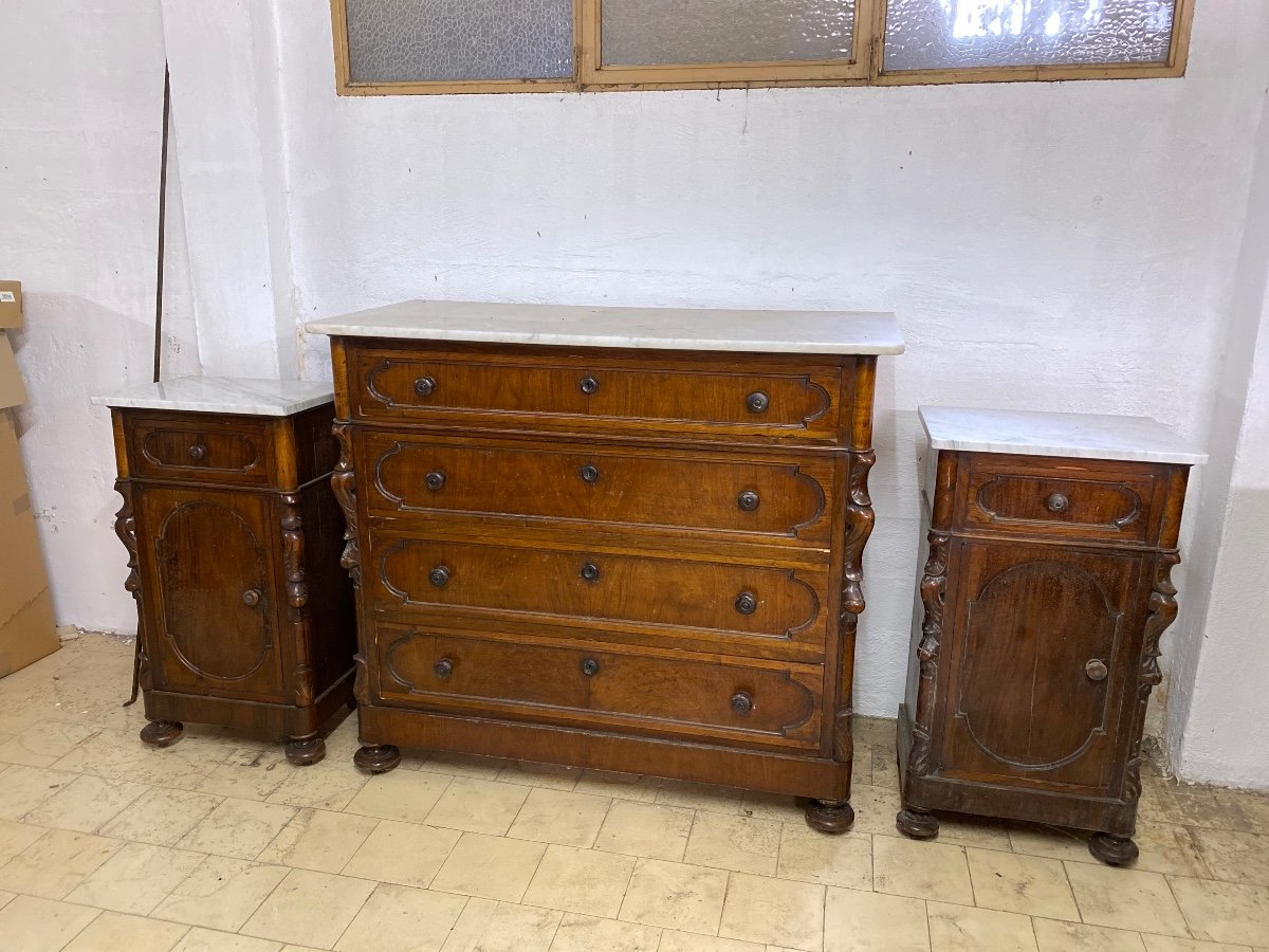 Commode Et Tables De Chevet En Noyer Avec Dessus En Marbre Fin 19ème Siècle-photo-7