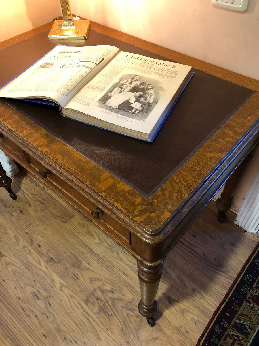 Two-drawer Desk In Oak With Leather Top. France At The End Of The 19th Century.-photo-3