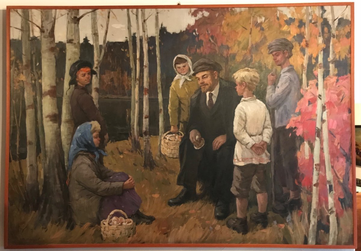 Huile Sur Toile Signée Représentant Lénine Avec Des Enfants Dans Les Bois. -photo-3