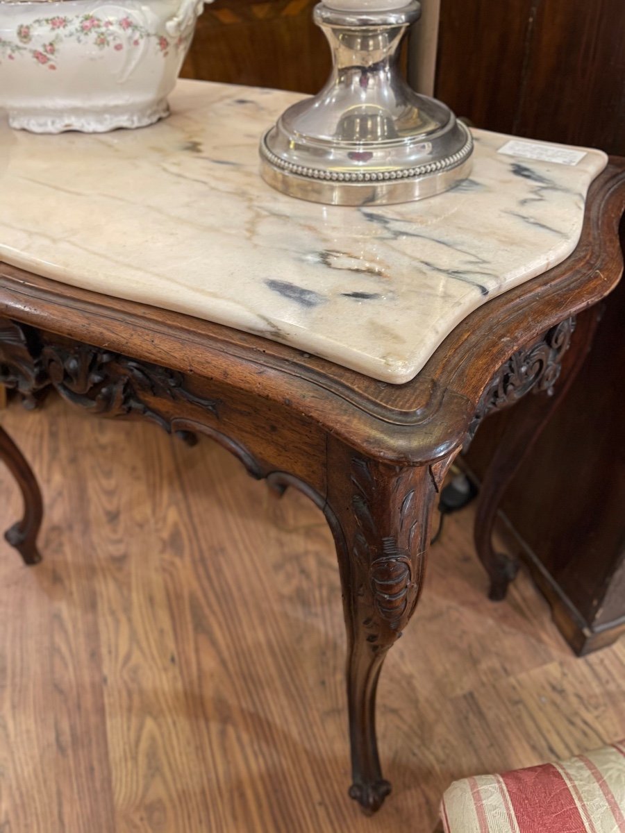 Tuscan Coffee Table From The Late 19th Century, Louis Philippe Style, In Walnut Wood And Marble-photo-2