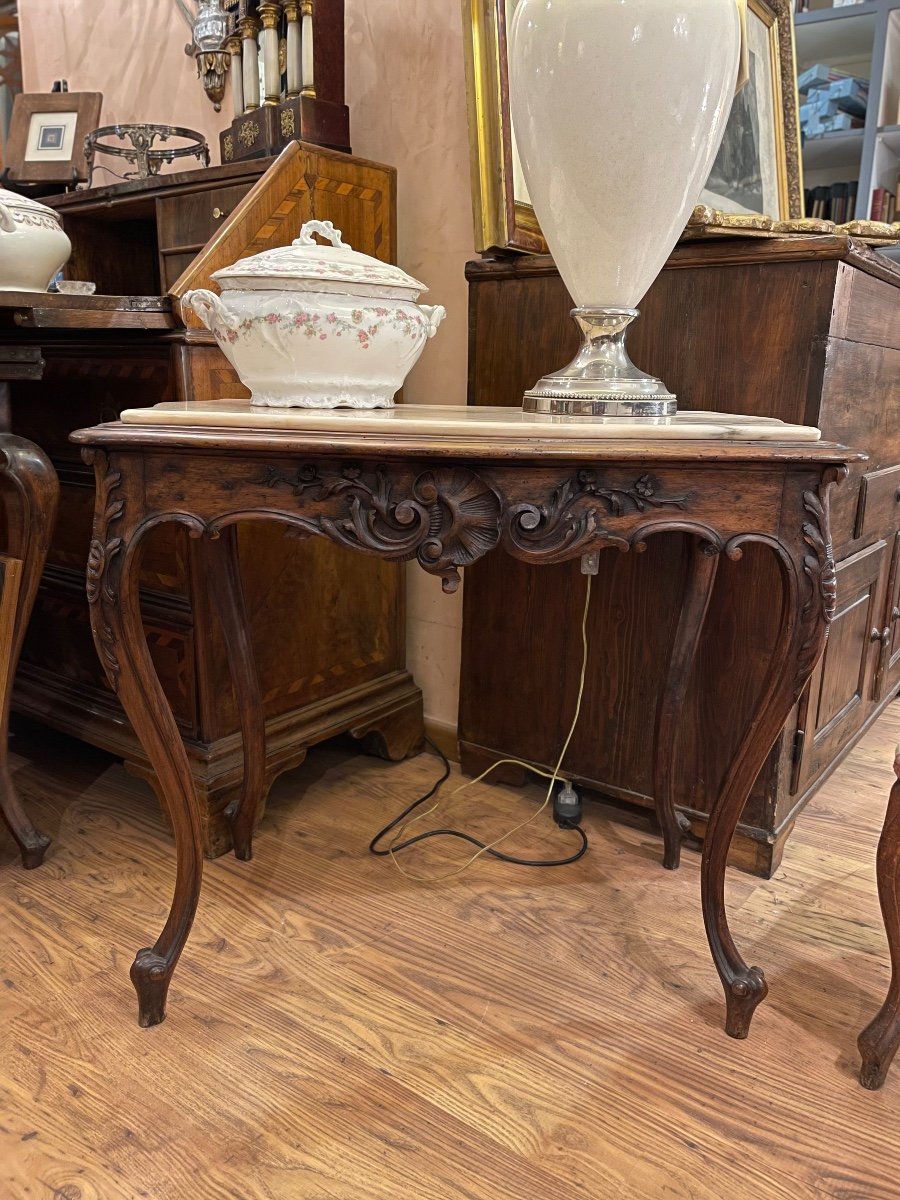 Tuscan Coffee Table From The Late 19th Century, Louis Philippe Style, In Walnut Wood And Marble-photo-3